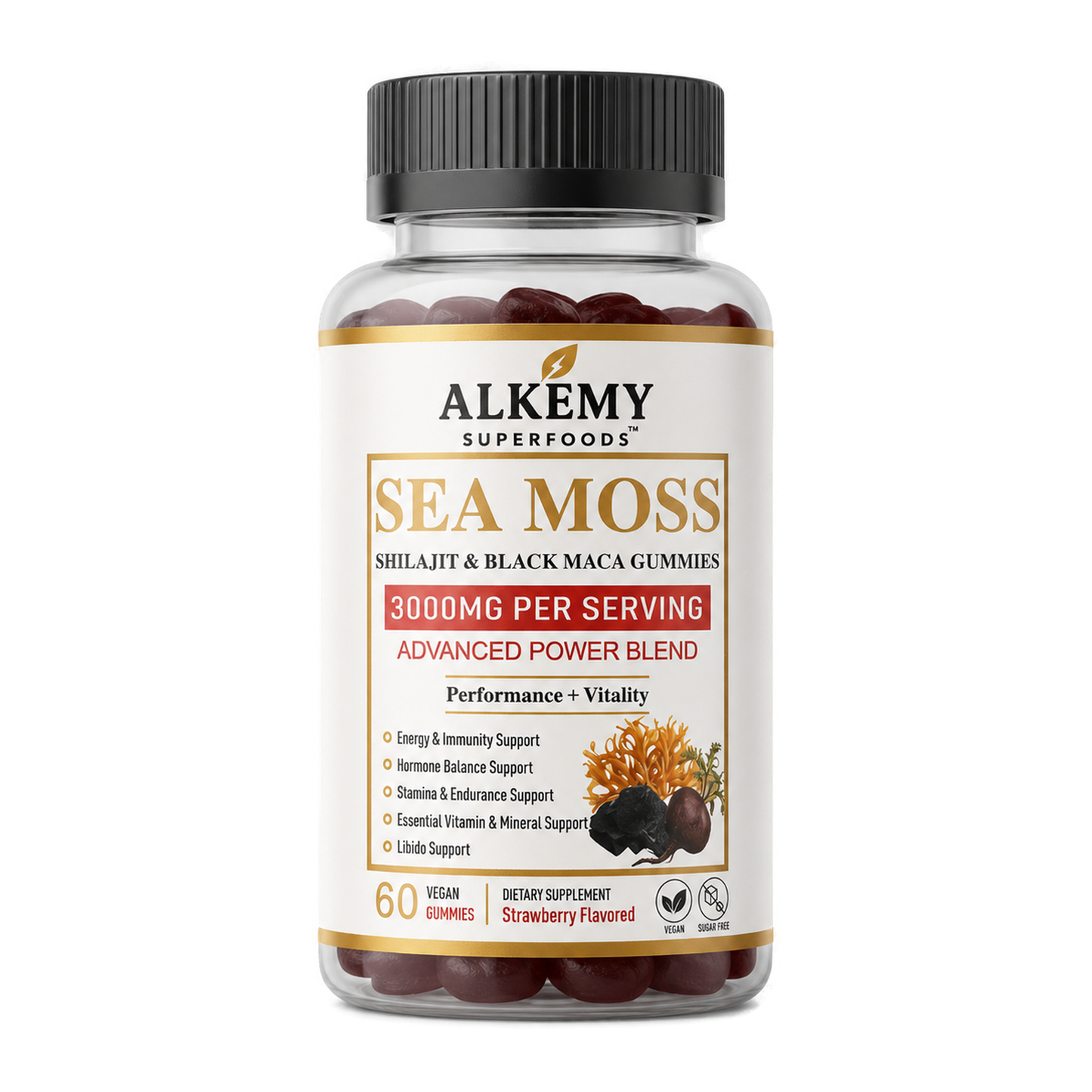 Alkemy Superfoods Sea Moss Shilajit Black Maca Gummies transparent product bottle
