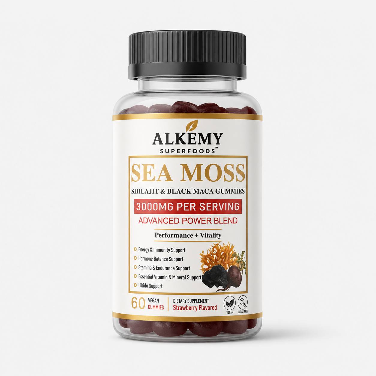 Alkemy Superfoods Sea Moss Shilajit & Black Maca Gummies — 3000mg Vegan Strawberry Gummies