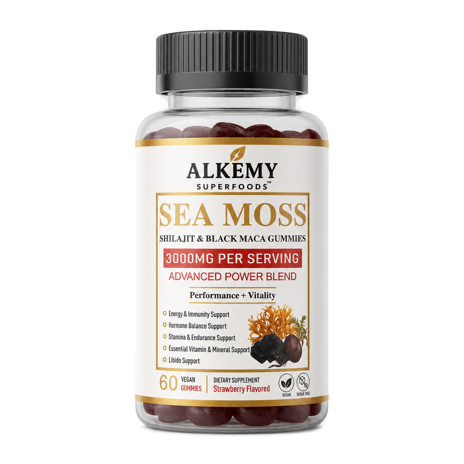 Alkemy Superfoods Sea Moss Shilajit Black Maca Gummies transparent product bottle