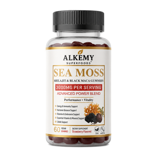 Alkemy Superfoods Sea Moss Shilajit Black Maca Gummies transparent product bottle