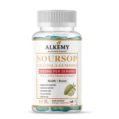 Alkemy Superfoods Organic Soursop Gummies — wellness gummies pouch with white and gold branding, sugar-free plant-based supplement